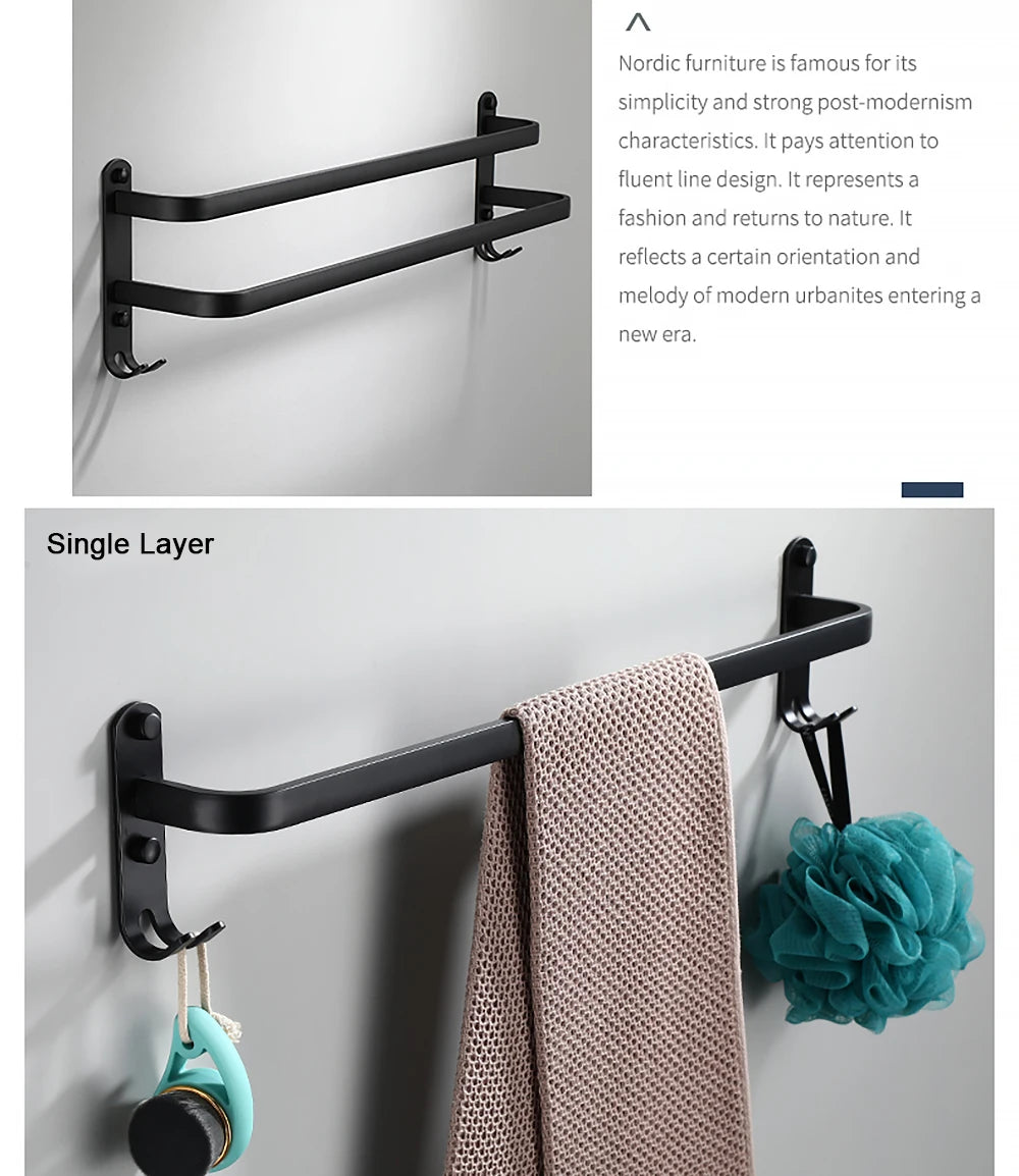 Towel Bar 30-60 CM Multi Rod Holder Bathroom Accessories Wall Rail Organizer Hook Hanger Aluminum Storage Rack Matte Black Shelf