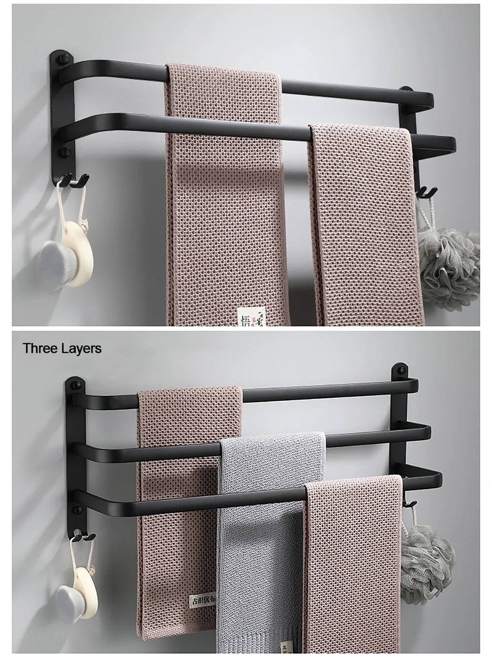 Towel Bar 30-60 CM Multi Rod Holder Bathroom Accessories Wall Rail Organizer Hook Hanger Aluminum Storage Rack Matte Black Shelf