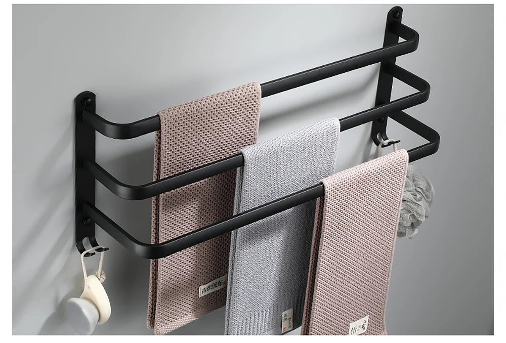 Towel Bar 30-60 CM Multi Rod Holder Bathroom Accessories Wall Rail Organizer Hook Hanger Aluminum Storage Rack Matte Black Shelf