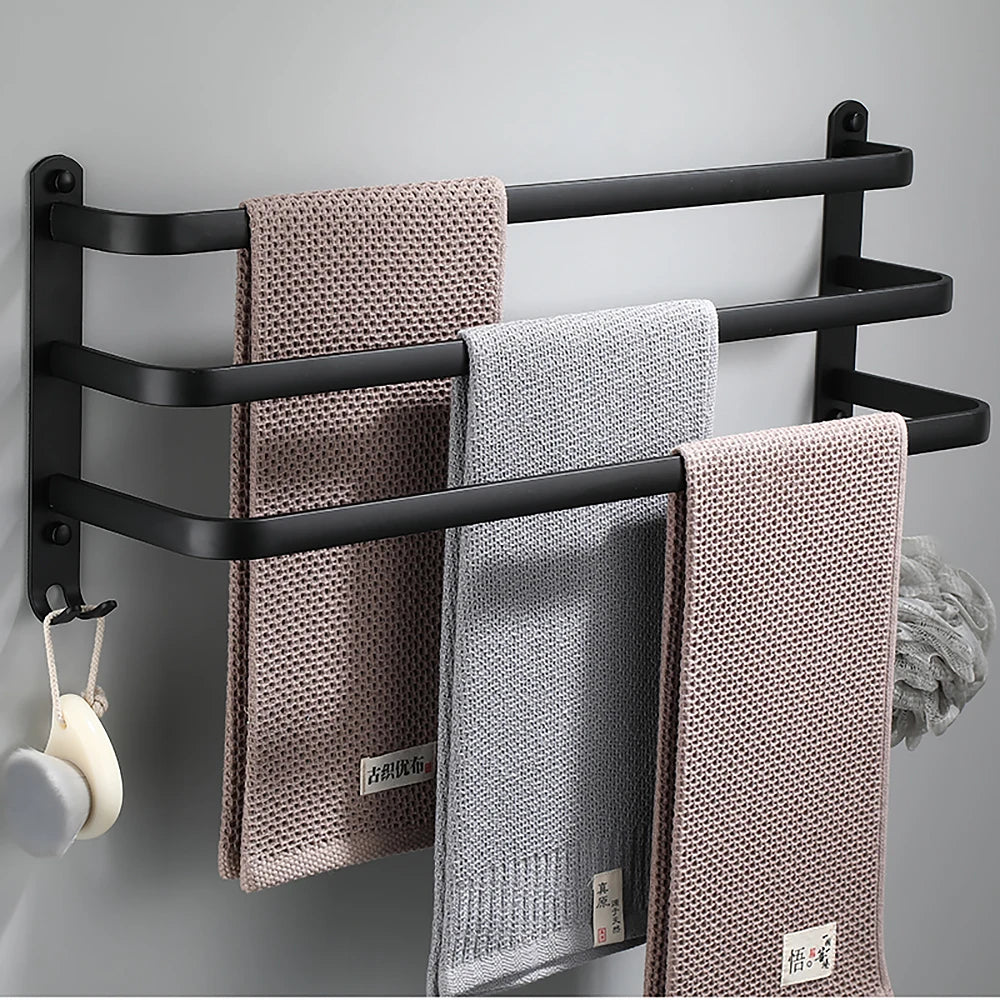 Towel Bar 30-60 CM Multi Rod Holder Bathroom Accessories Wall Rail Organizer Hook Hanger Aluminum Storage Rack Matte Black Shelf