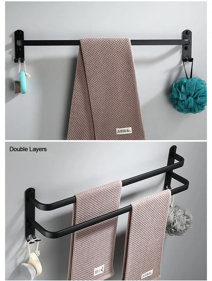 Towel Bar 30-60 CM Multi Rod Holder Bathroom Accessories Wall Rail Organizer Hook Hanger Aluminum Storage Rack Matte Black Shelf