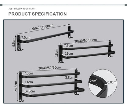 Towel Bar 30-60 CM Multi Rod Holder Bathroom Accessories Wall Rail Organizer Hook Hanger Aluminum Storage Rack Matte Black Shelf