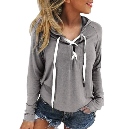 Women's Plus Size Deep V Neck Hooded Sweatshirt with Cross Lace Up Design