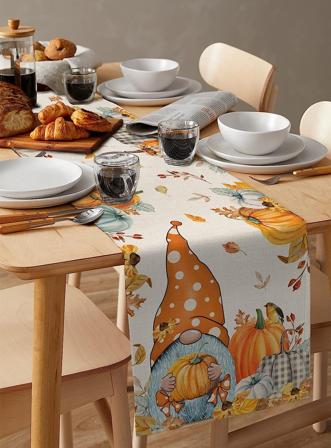 Fall Thanksgiving Gnome Pumpkin Maple Leaves Linen Table Runners Kitchen Decor Washable Table Runners Holiday Party Decoration