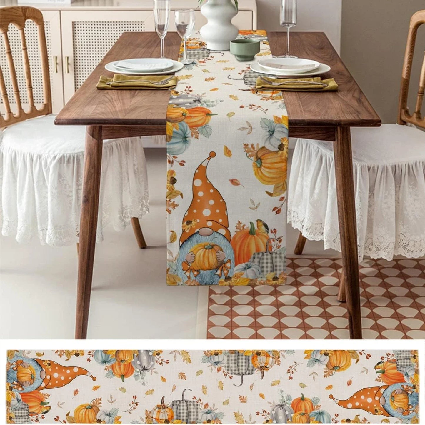 Fall Thanksgiving Gnome Pumpkin Maple Leaves Linen Table Runners Kitchen Decor Washable Table Runners Holiday Party Decoration