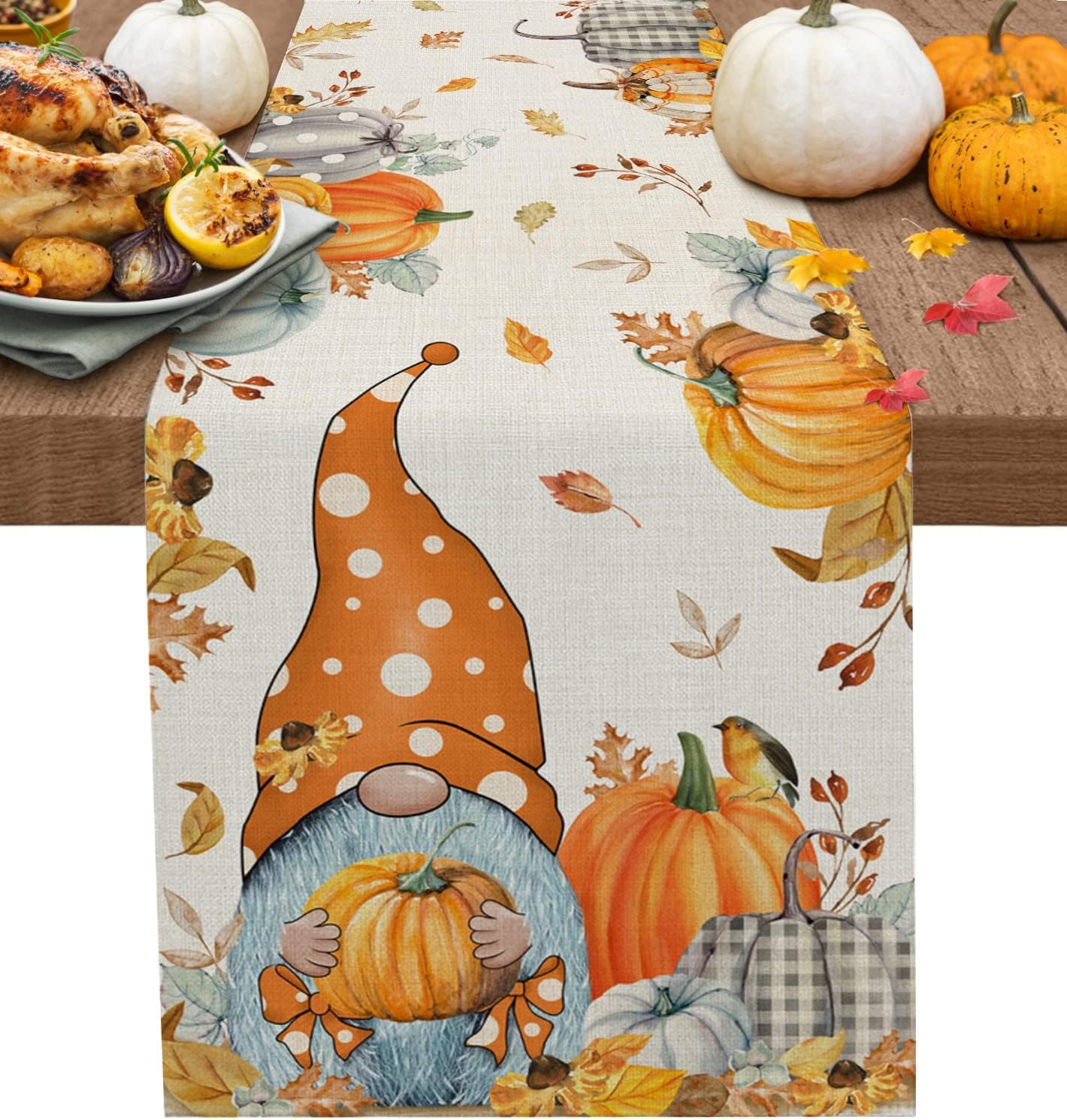 Fall Thanksgiving Gnome Pumpkin Maple Leaves Linen Table Runners Kitchen Decor Washable Table Runners Holiday Party Decoration