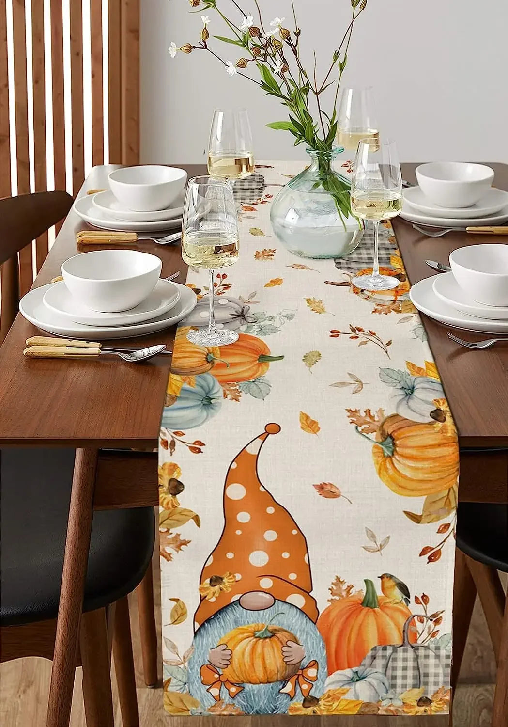 Fall Thanksgiving Gnome Pumpkin Maple Leaves Linen Table Runners Kitchen Decor Washable Table Runners Holiday Party Decoration