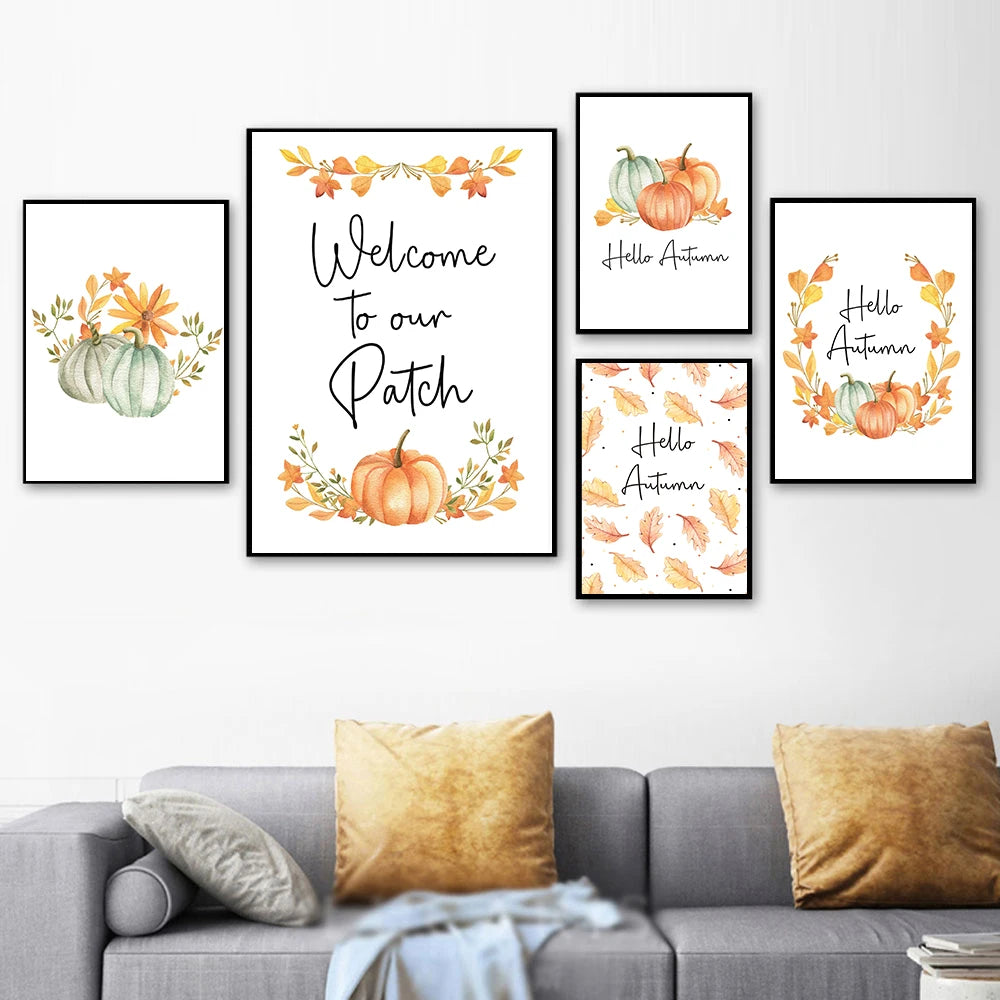 Canvas Painting Hello Fall Autumn Quote Wall Art Picture Children Cartoon Print Seasonal Pumpkin Poster Kids Home Room Decor