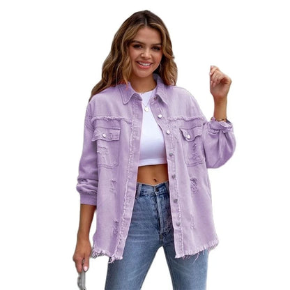 2023 Holes Raw-edges Denim Jacket Women Spring Autumn Shirt Style Jeancoat Casual Top Rose-Red Orange Purple Outerwear Lady Coat