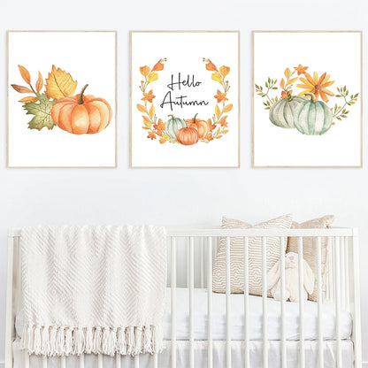 Canvas Painting Hello Fall Autumn Quote Wall Art Picture Children Cartoon Print Seasonal Pumpkin Poster Kids Home Room Decor