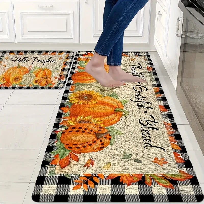 Autumn Pumpkin Maple Leaf Print Kitchen Floor Mat Fall Thanksgiving Rugs Home Decor Dining Room Laundry Room Non-slip Carpets