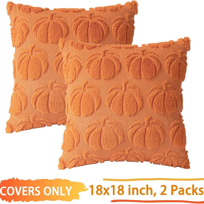 2 Pack Fall Pillow Covers 18"x18" Fluffy Plush Decorative Autumn Throw Pillow Covers For Farmhouse Halloween Home Couch Decor