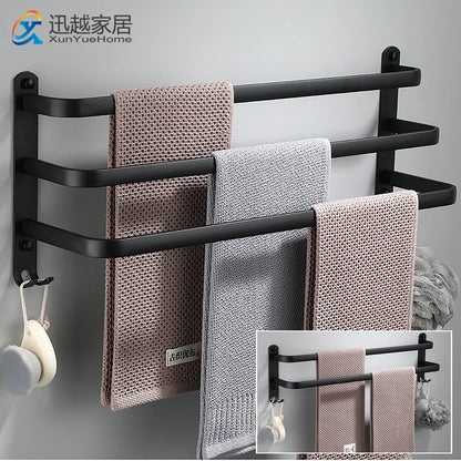 Towel Bar 30-60 CM Multi Rod Holder Bathroom Accessories Wall Rail Organizer Hook Hanger Aluminum Storage Rack Matte Black Shelf