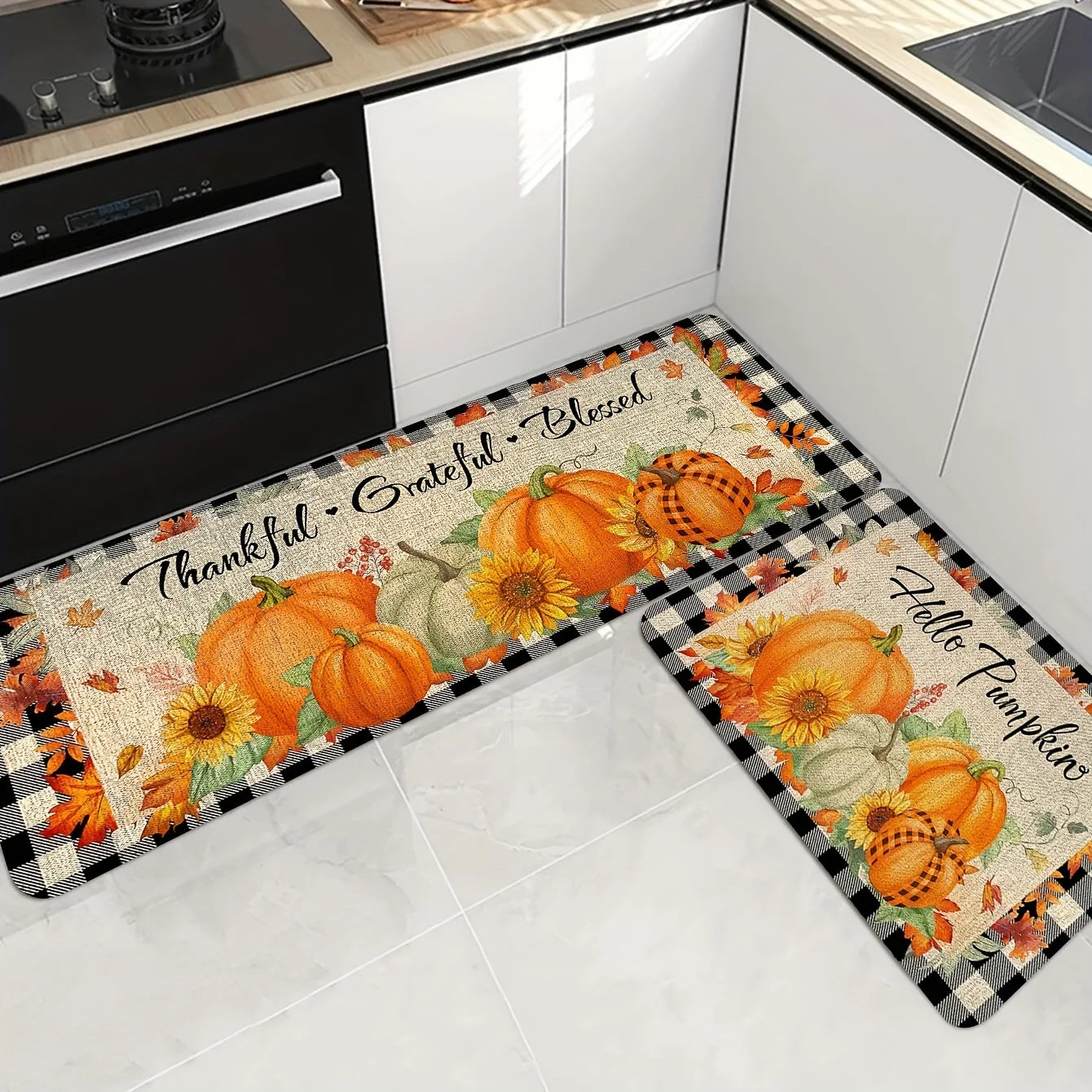 Autumn Pumpkin Maple Leaf Print Kitchen Floor Mat Fall Thanksgiving Rugs Home Decor Dining Room Laundry Room Non-slip Carpets