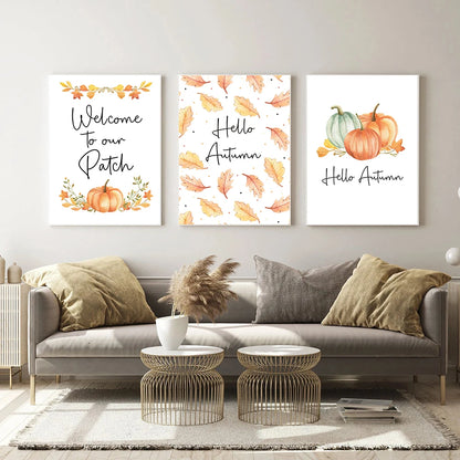 Canvas Painting Hello Fall Autumn Quote Wall Art Picture Children Cartoon Print Seasonal Pumpkin Poster Kids Home Room Decor