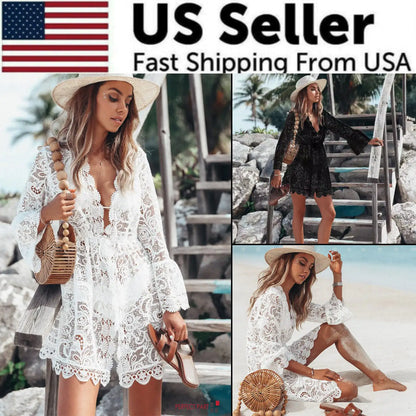 Lace Bathing Suit Cover Up Boho Beach Women Maxi Bikini Sundress Dress Summer US