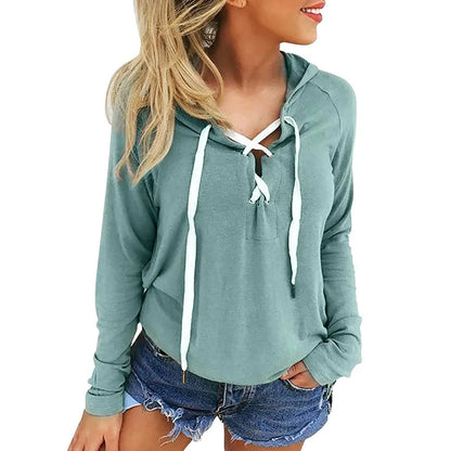 Women's Plus Size Deep V Neck Hooded Sweatshirt with Cross Lace Up Design