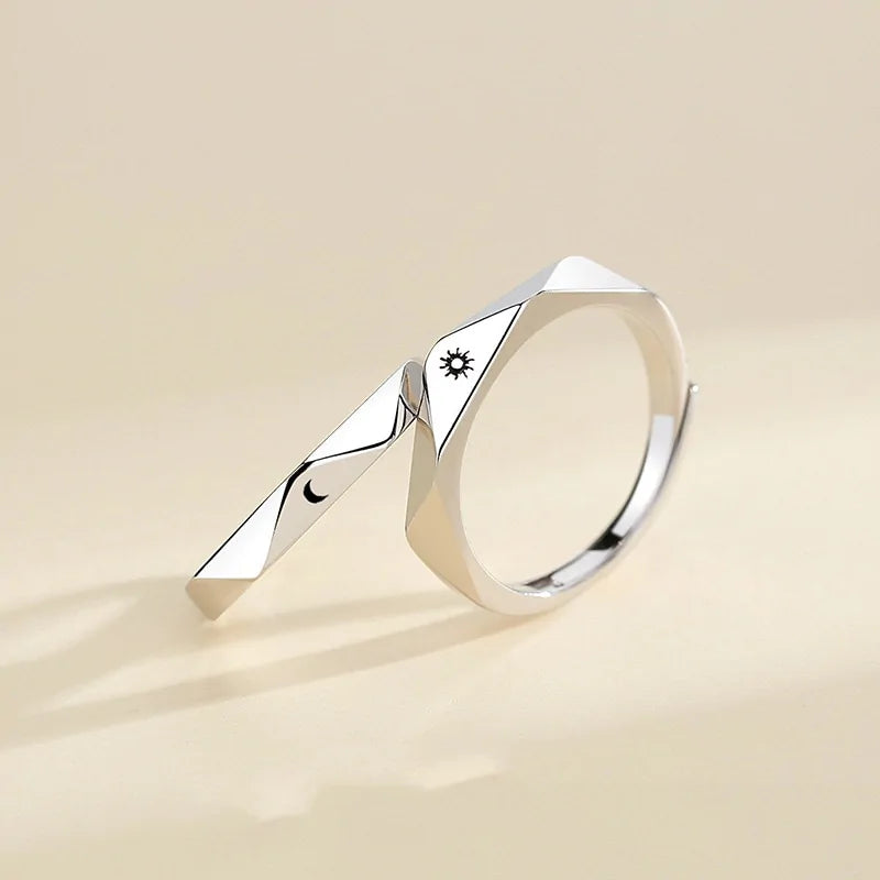 Minimalist Silver Sun Moon Adjustable Ring - Couple Engagement Jewelry